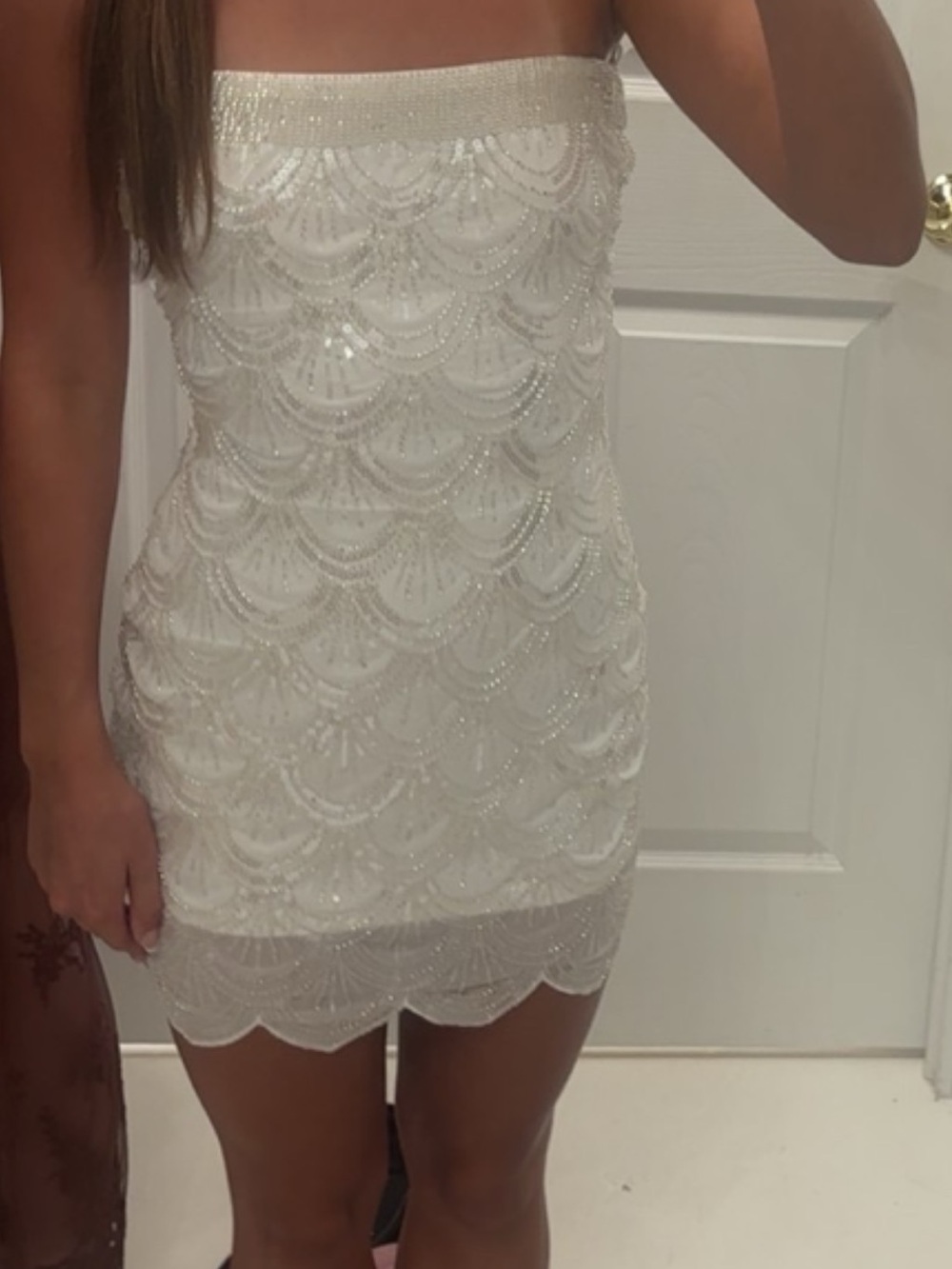 Strapless White Beaded Scallop Mini Dress
